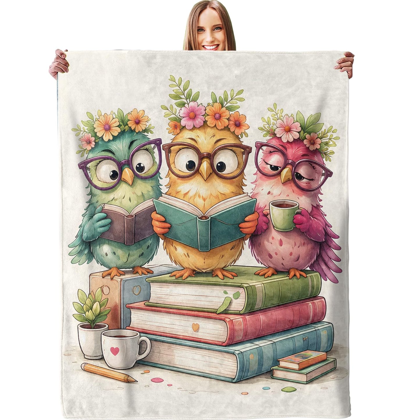 dhakalrlde Cute Owl Reading Books Blanket, Soft Cartoon Owls Book Lover Throw Adorable Animal Blanket Gifts for Boys Girls Kids, Lightweight Warm Cozy 60×50 inch Flannel for Couch, Travel, Bed, Decor