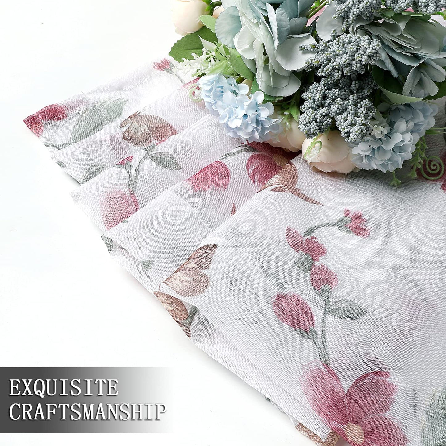 Tollpiz Sheer Floral Curtain Pink Flower Butterfly Printed Bedroom Curtains Rod Pocket Voile Faux Linen Window Curtain for Living Room, 54 x 84 inches Long, Set of 2 Panels