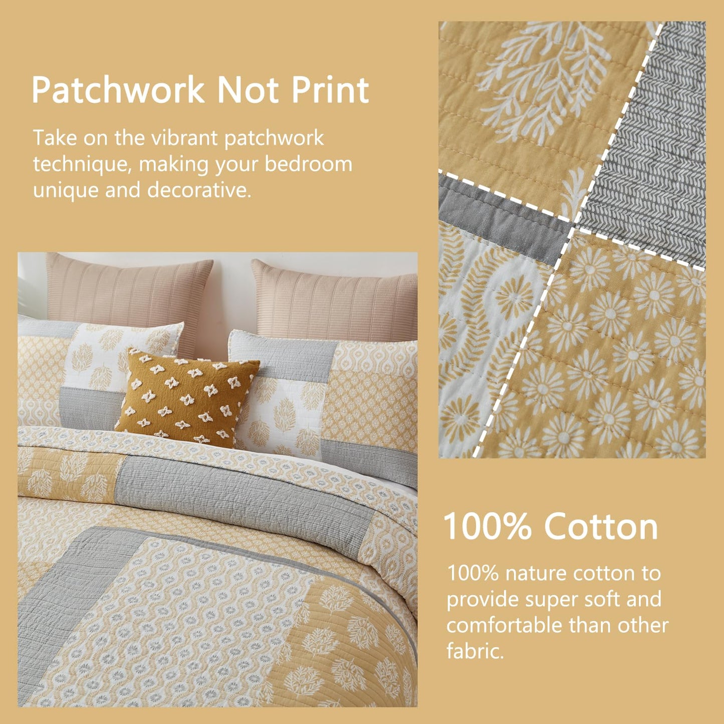 Finlonte King Size Quilt, 100% Cotton Comforter King Size, Yellow Grey Farmhouse Quilted Bedspread, Patchwork Lightweight Reversible Quilt Bedding Set for King Bed, 3-Pieces