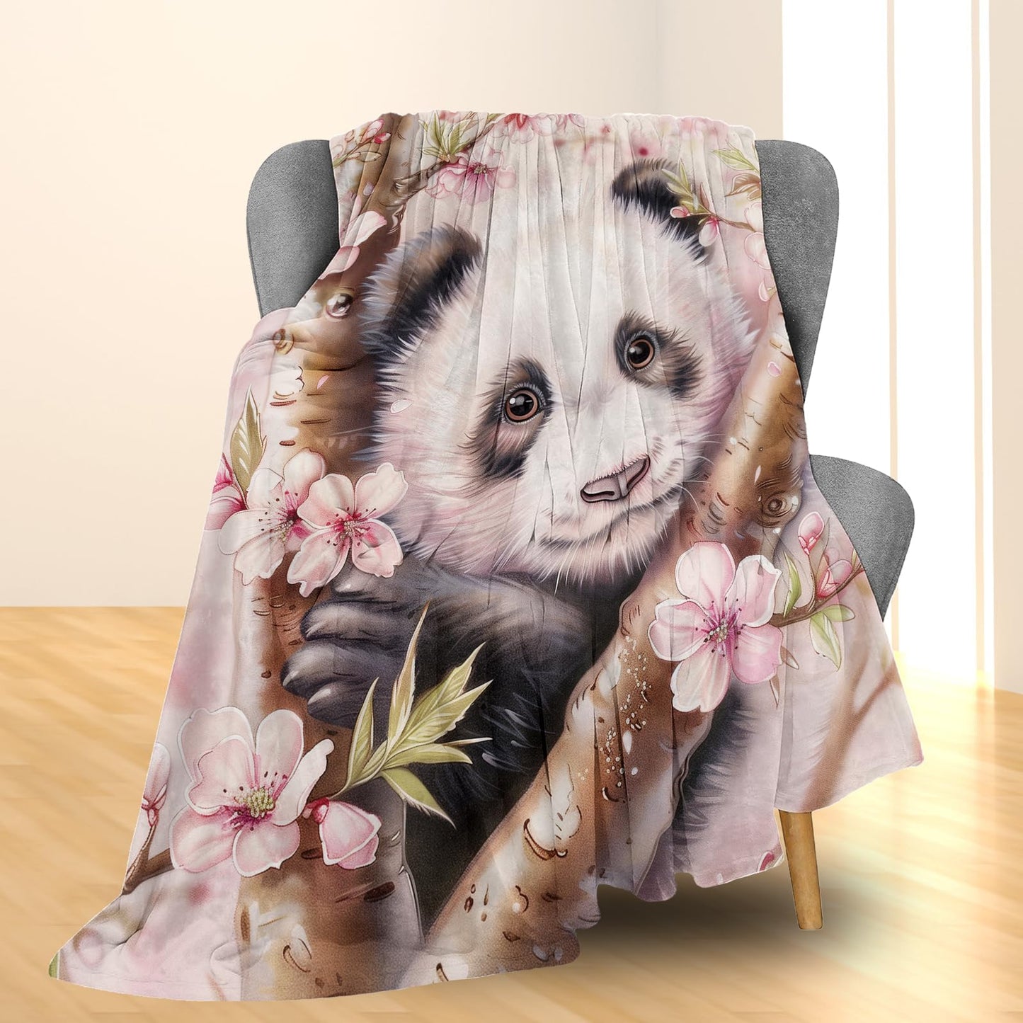 Ti Caldi Panda & Cherry Blossom Blanket, Soft Fuzzy Lightweight Animal Flannel Throw Blanket for Couch, Bed, Travel & Outdoor Use, Warm Cozy Decor Blankets for Women Girls 60×50 in