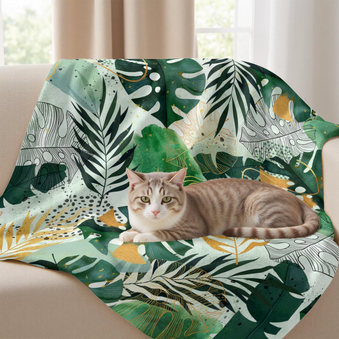 Tropical Blanket Green and Gold Botanical Leaf Throw Blanket Nature Plant Lightweight Soft Cozy Flannel Blankets Gifts for Living Room Couch, Home,Sofa Decor 50 x 60 Inch