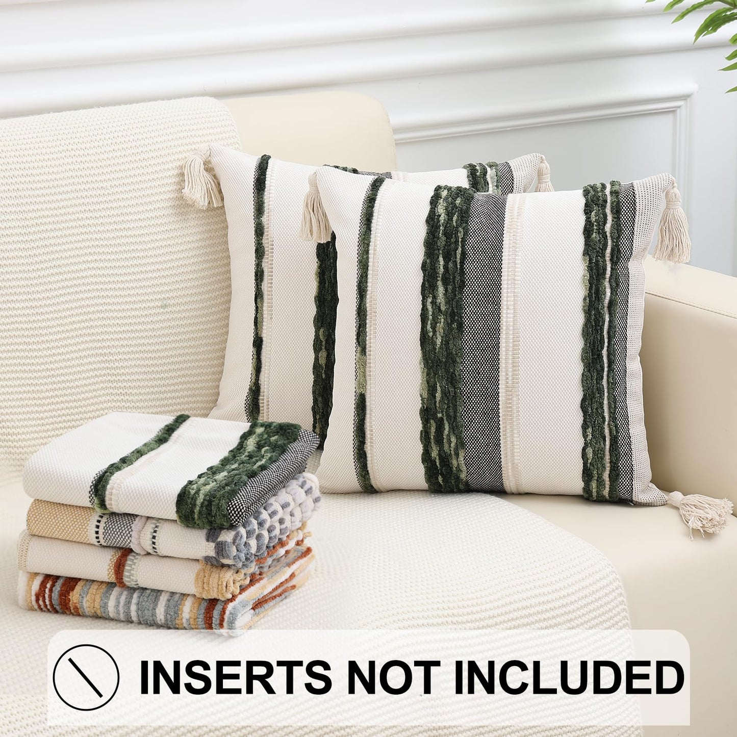 Simmore Boho Decorative Throw Pillow Covers 18x18 Set of 2, Tufted Farmhouse Pillow Covers with Tassels for Cozy Bohemian Couch Sofa Bedroom Home Decor, Green