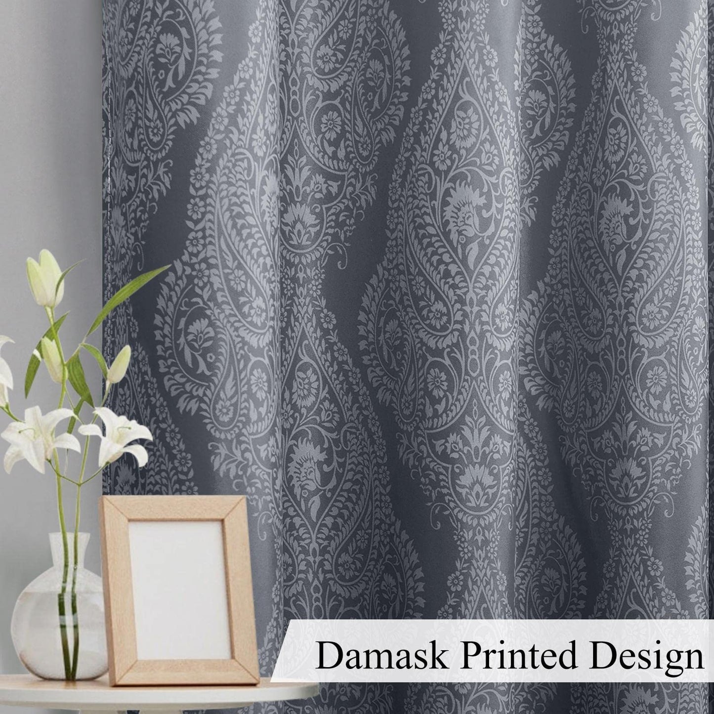 JIUZHEN Grey Ombre Blackout Curtains for Bedroom– Damask Patterned Thermal Insulated Noise Reducing Grommet Curtains with Tiebacks, 42 x 63 Inches, Set of 2 Window Curtain Panels
