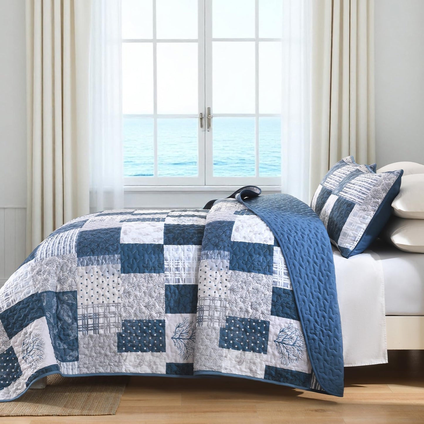Xruibed Blue Ocean Quilt Set Queen Coastal Beach Theme Quilt Coverlet Soft Microfiber Reversible Bedspread with 2 Pillow Shams 3 Pieces Nautical Patchwork Beach Bedding Quilt for All Season 90"x96"