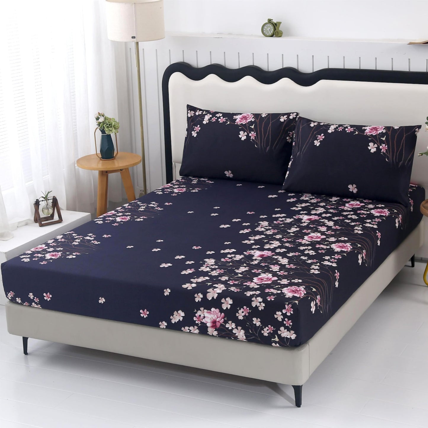 SDIII Navy Blue Floral Fitted Sheet Twin with 2 Pillowcase, Deep Pocket Soft Microfiber Dark Floral Twin Sheet All Season