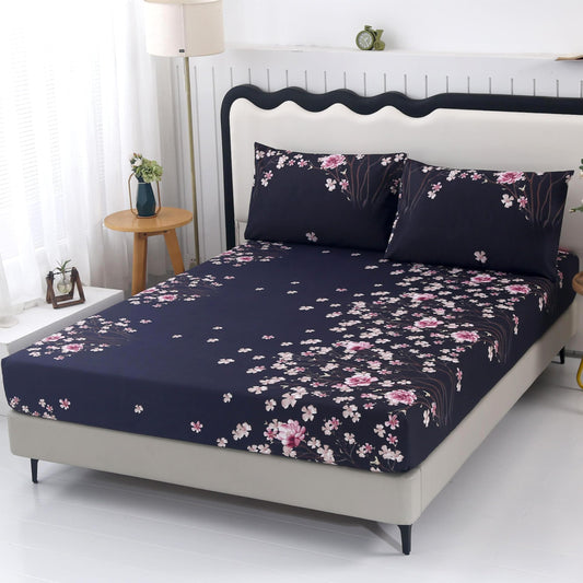 SDIII Navy Blue Floral Fitted Sheet Twin with 2 Pillowcase, Deep Pocket Soft Microfiber Dark Floral Twin Sheet All Season