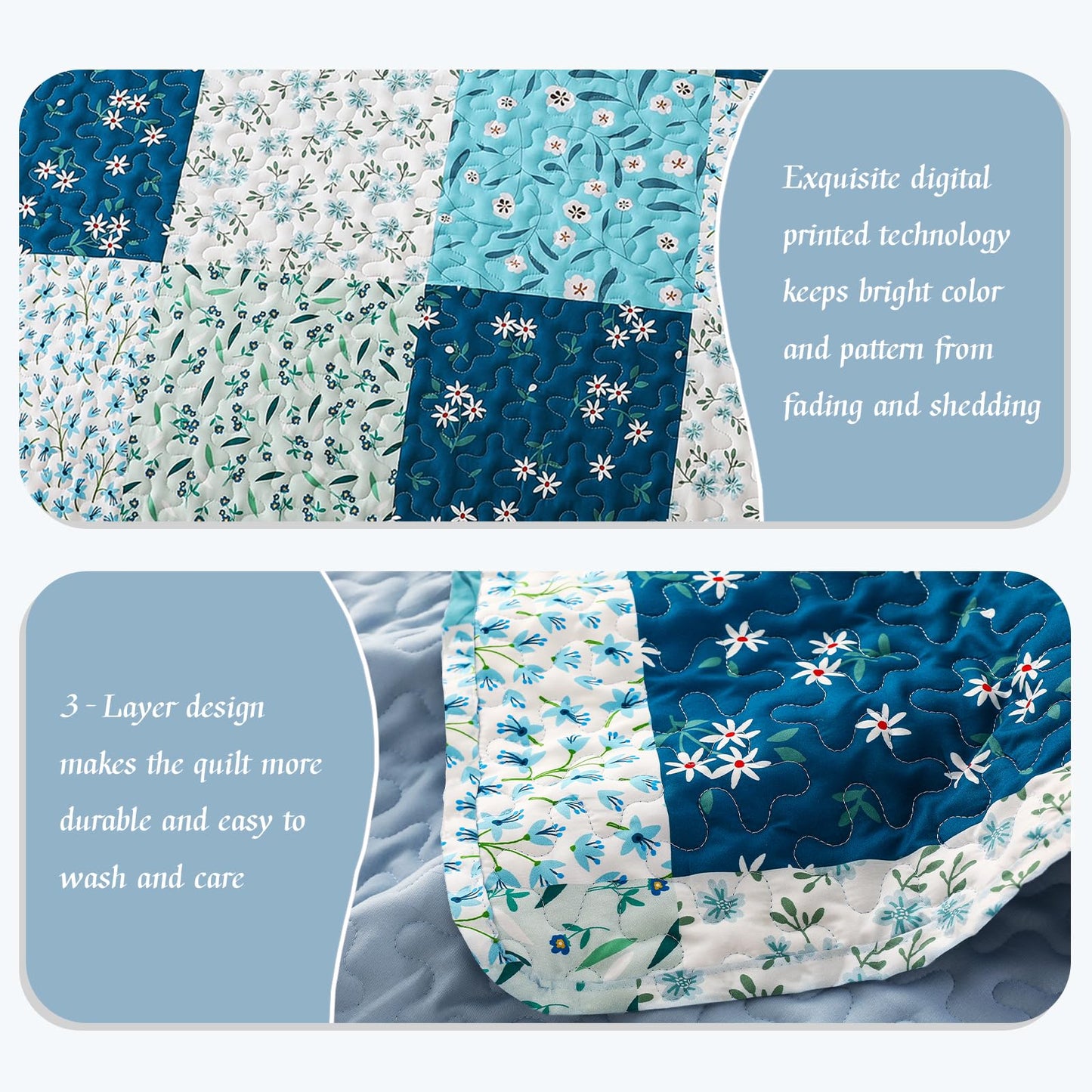 Whale Flotilla Patchwork Quilt King Size, Extra Soft Boho Floral Bedspreads for Bed Reversible Lightweight King Quilt Bedding Set Printed Coverlets with 2 Pillow Shams for All Seasons, Blue
