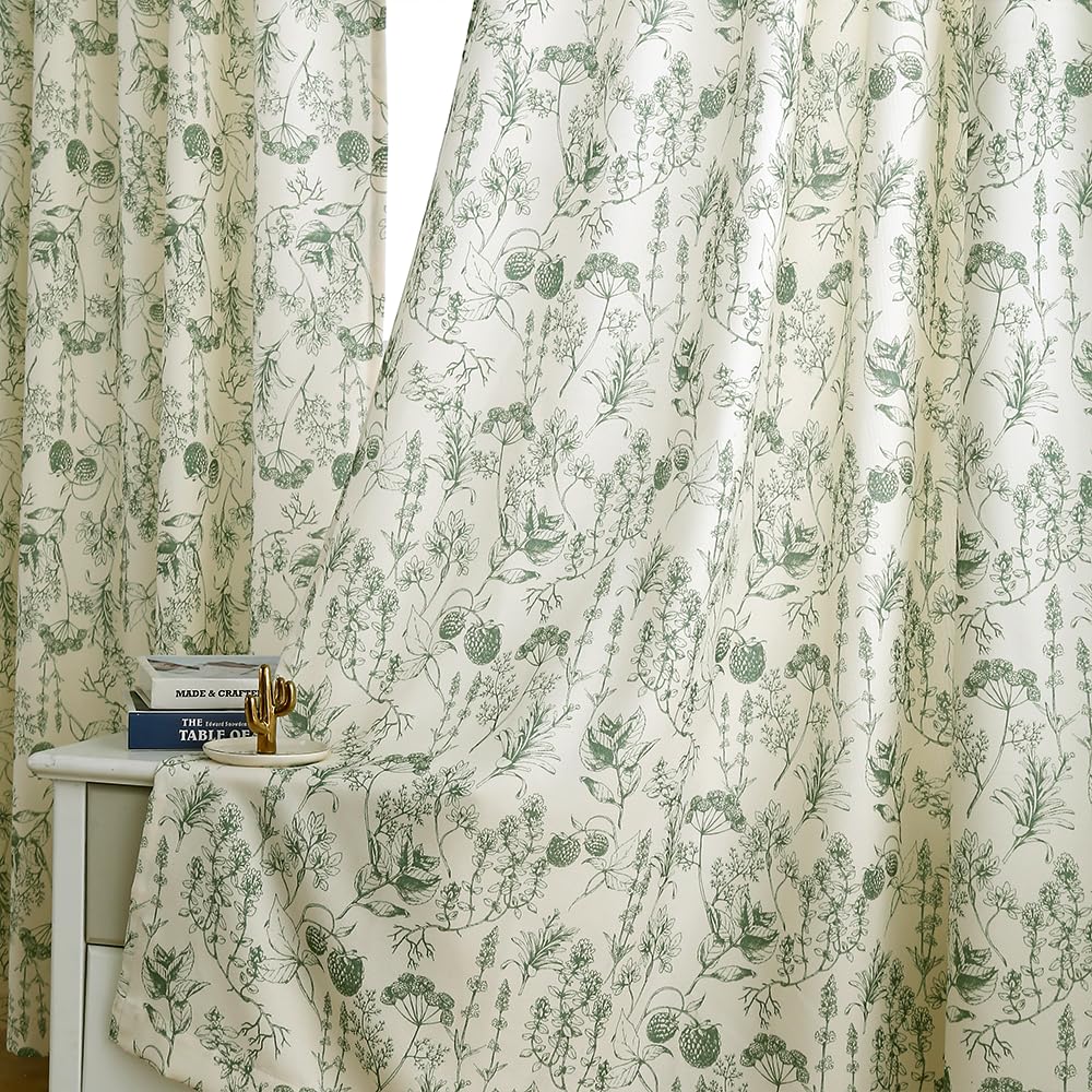 Autum Dream Blackout Curtains 2 Panels Chenille Curtains Drapes for Bedroom Back Tab Rod Pocket Poppy Floral Farmhouse Curtains for Living Room, Patio Doors,Green Floral, 52" W x 84" L