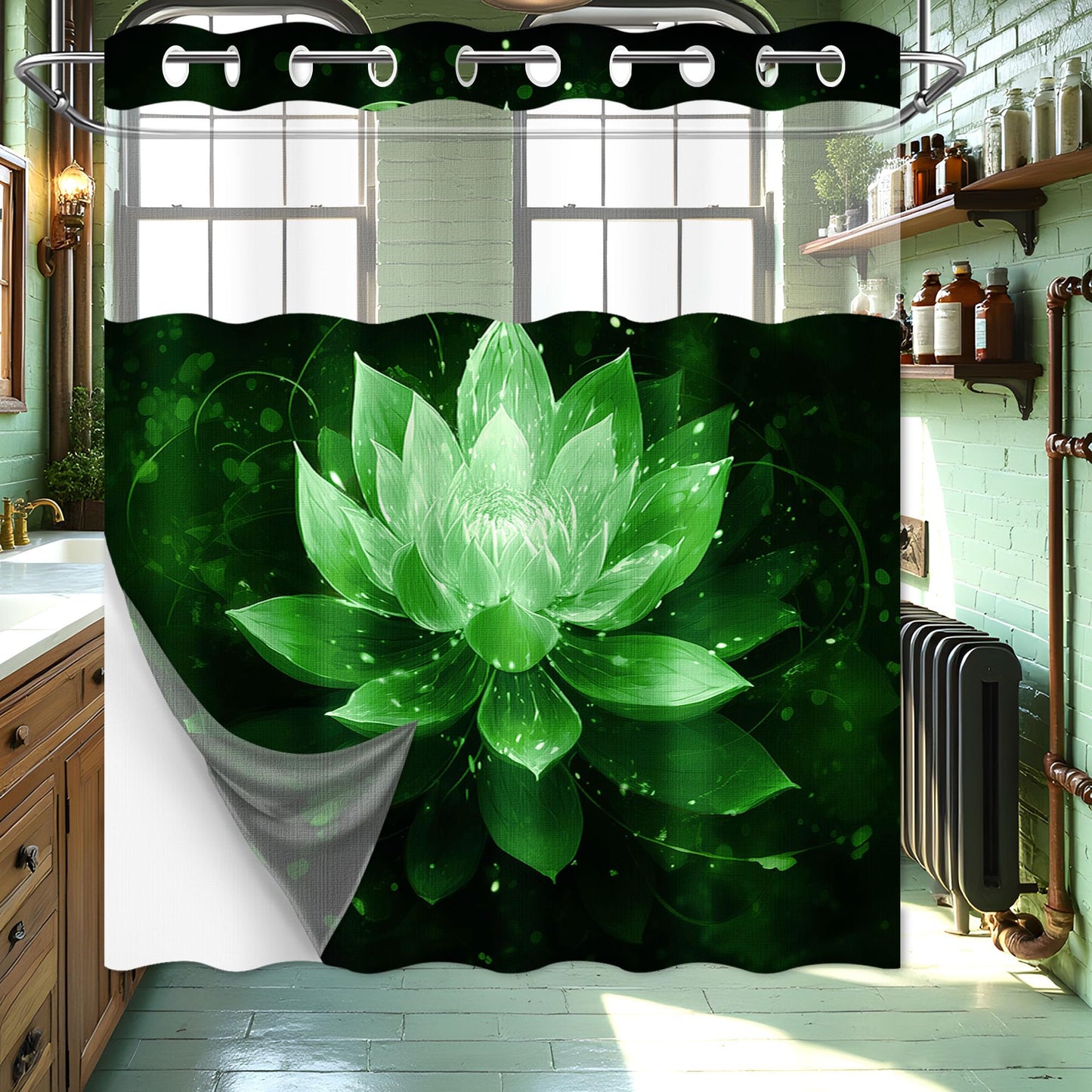 Lotus Hookless Shower Curtain with Liner, Black and Green Floral, 71"x74"