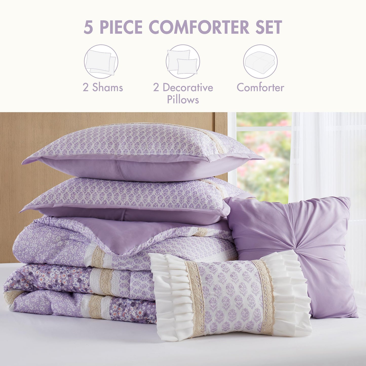 Madison Park Comforter Set, Seersucker Floral King Size Comforter Sets, Microfiber Comforters, All Season Lightweight Comforter, Throw Pillows, Caralie, King/Cal King Purple 5 Piece