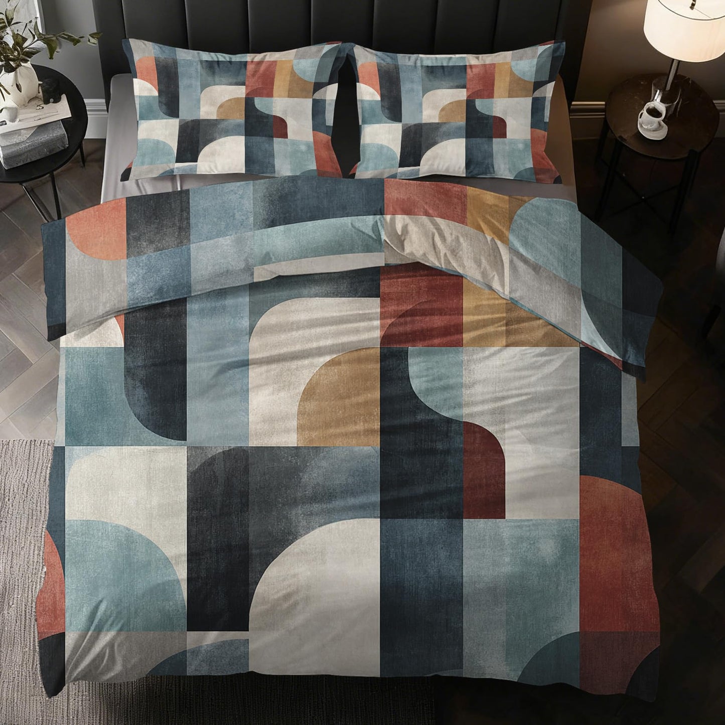 Mid Century Modern Duvet Cover Twin Size, MCM Geo Bedding Set 2 pcs with 1 Pillow Cover, Abstract Geometry Bedroom Decor, Soft Microfiber Reversible, Zipper & Ties KJJT 108