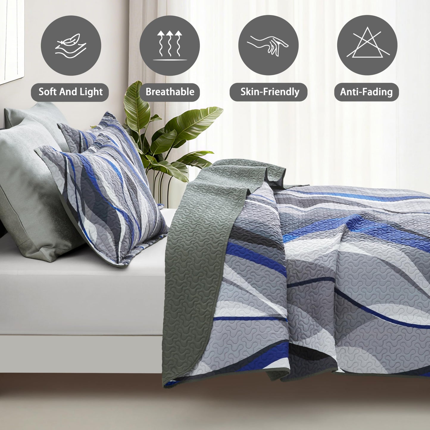weesire Quilt Bedding King Size Comforter Set Blue Stripe Bedspreads with 2 Shams, Modern Pattern Lightweight Breathable Coverlet, 96''X106''