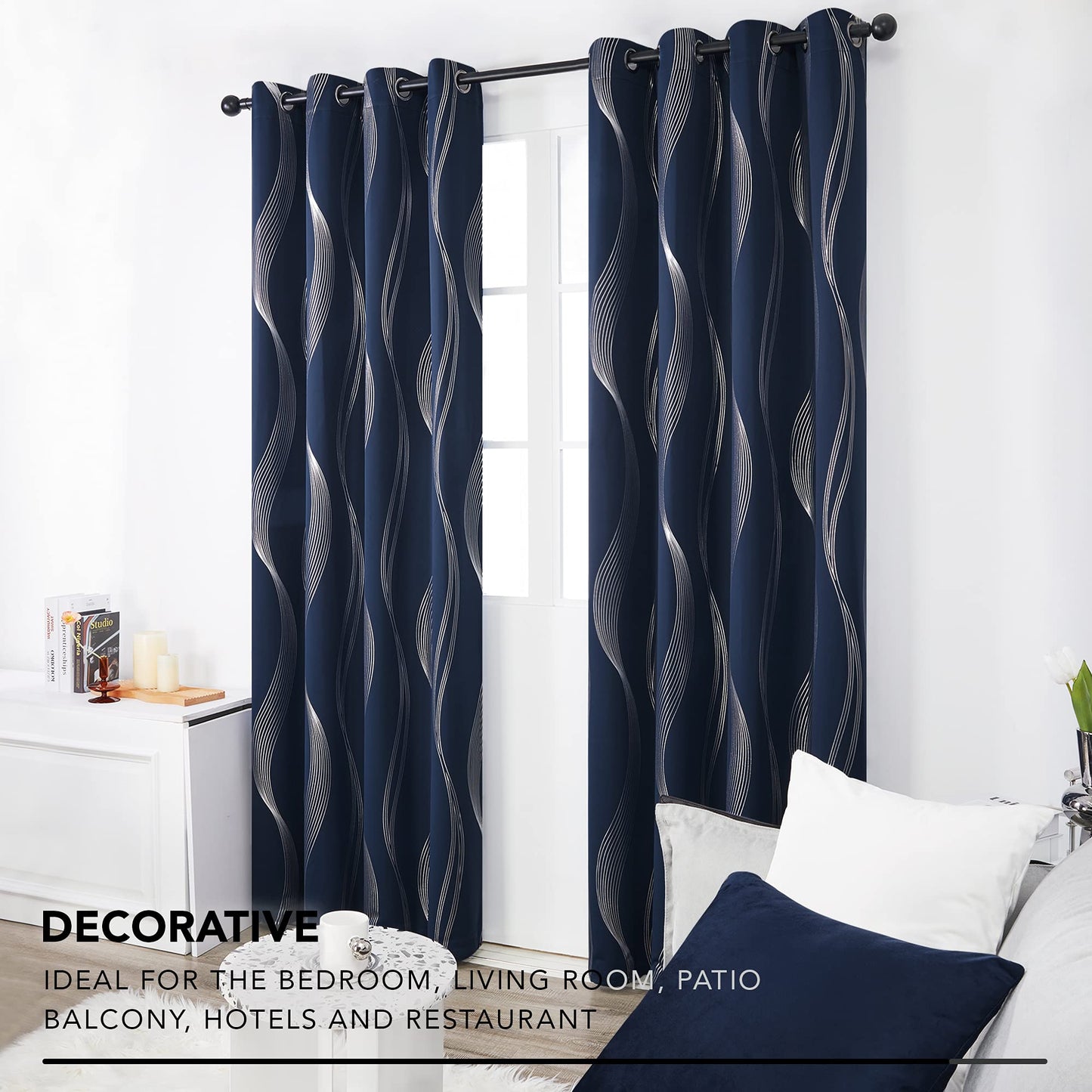 Deconovo Navy Blue Blackout Curtains 2 Panel Set for Bedroom, Thermal Insulated Grommet Room Darkening Window Drapes for Living Room, Silver Wave Foil Print, 52W x 84L Inch