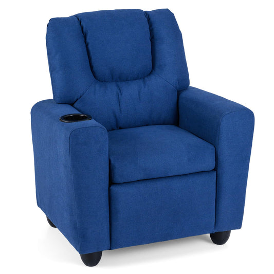 CHEFJOY Kids Recliner, Toddler Lounge Chair w/Cup Holder, Wide Armrest, Kids Sofa w/Adjustable Footrest, Comfy Toddler Recliner Chair for for Boys & Girls 3 + (Fabric, Blue)