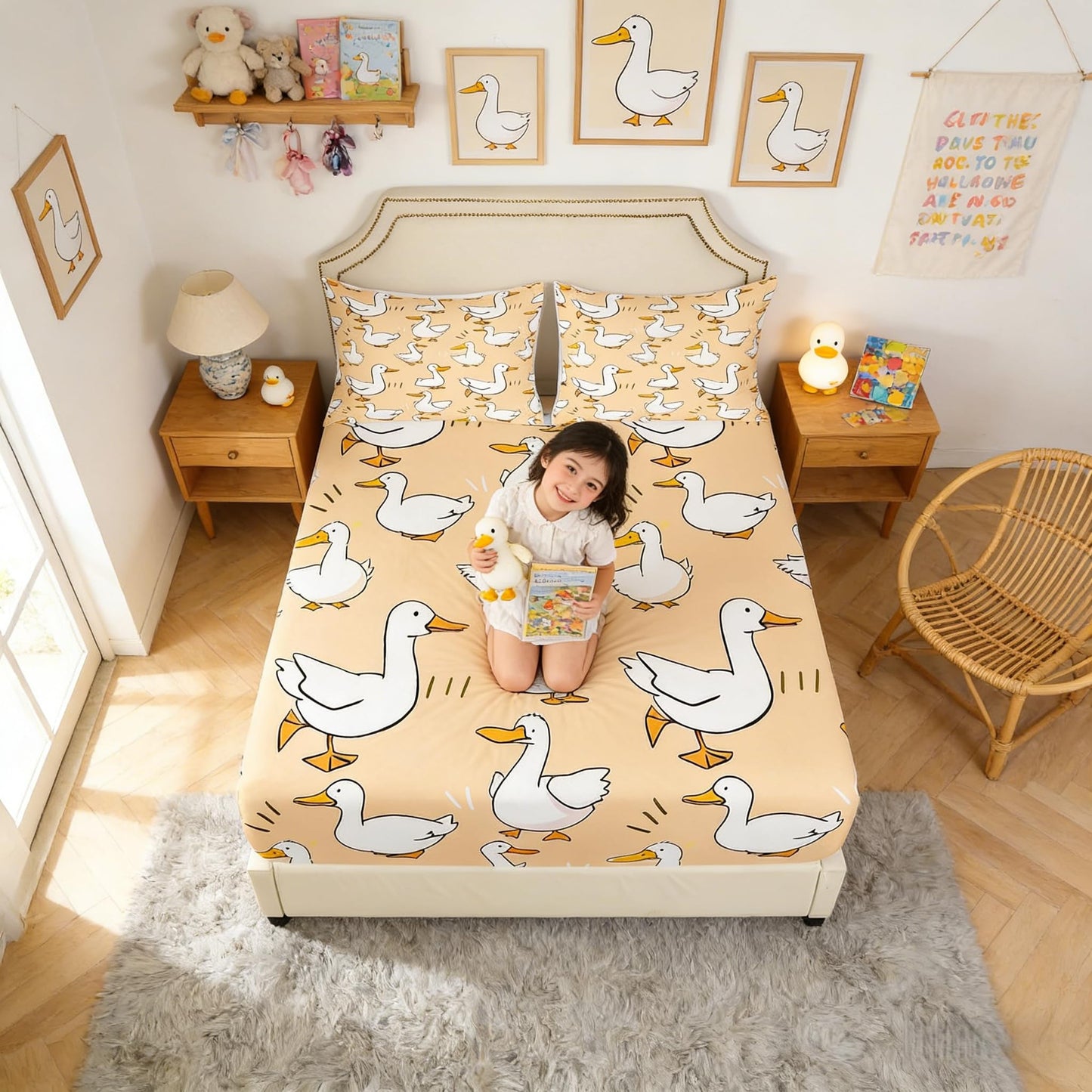 Homewish Cute Duck Fitted Sheet Full Size,Cartoon Farmhouse Livestock Animal Soft Fabric Deep Pocket Mattress Cover,Kawaii Goose Hand Drawn Orange Bed Cover with 2 Pillowcases,No Flat Sheet