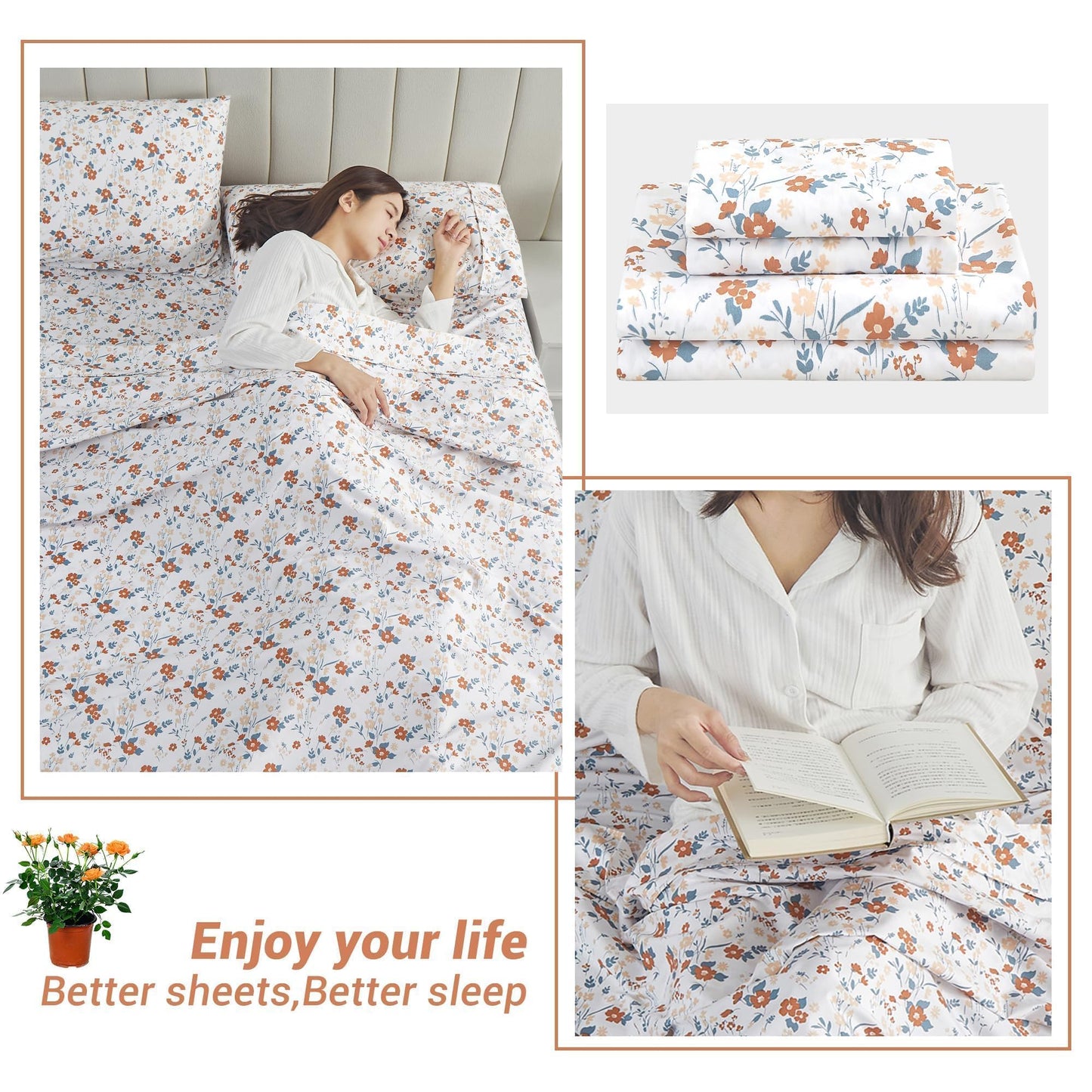 Softan Floral Full Sheet Set, Orange Flower Printed Bed Sheets - 4 Piece Soft Microfiber Patterned Fitted Sheets with 15" Deep Pocket & Non-Slip Straps, Cute Flower Sheets & Pillowcase Set