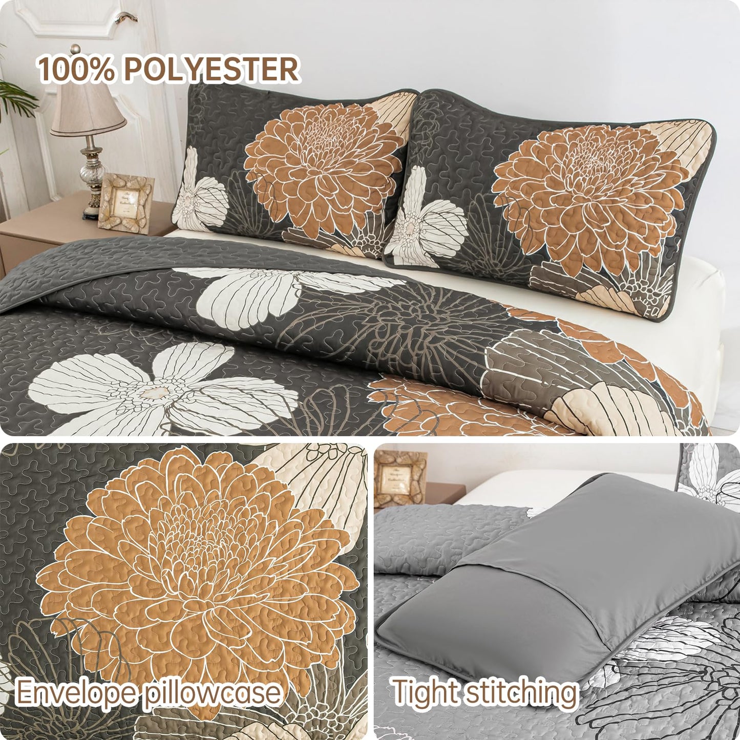 Anibedding 3 Pieces Floral Printed Quilts Set Queen Size, All Season Black Brown Lightweight Bedspread Sets with Shams for Bedroom