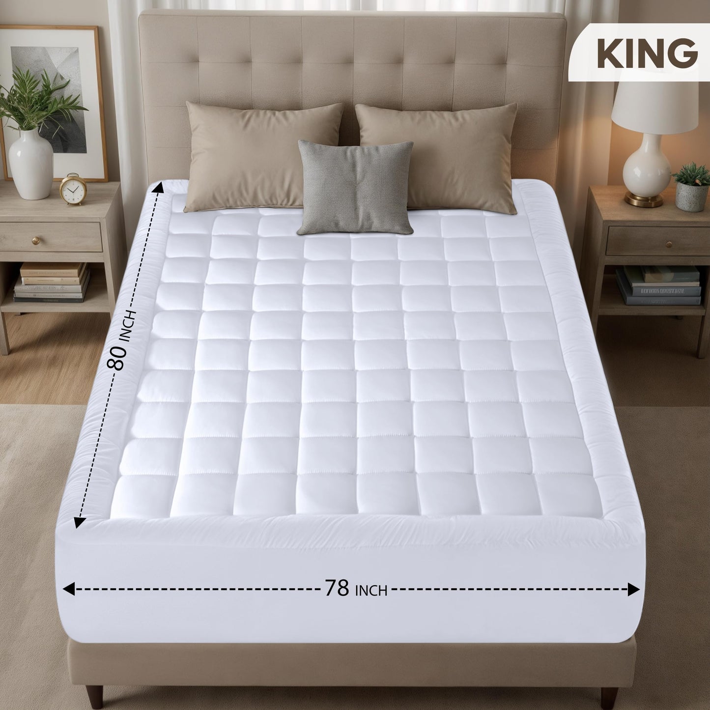 Utopia Bedding King Mattress Pad, Quilted Fitted Premium Mattress Protector, Deep Pocket Cover Stretches up to 16 Inches, Fluffy Pillow Topper (78x80 Inches, White)