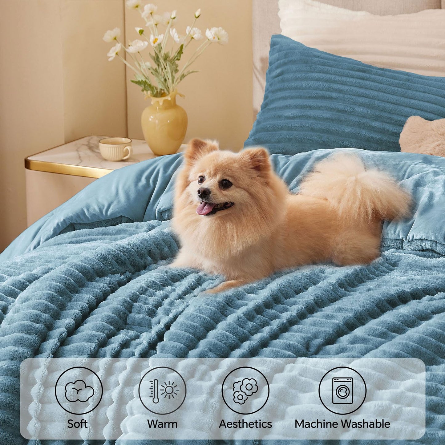 BEDELITE Fleece Queen Comforter Set -Super Soft & Warm Fluffy Blue Fog Bedding, Luxury Fuzzy Heavy Bed Set for All Season with 2 Pillow Cases