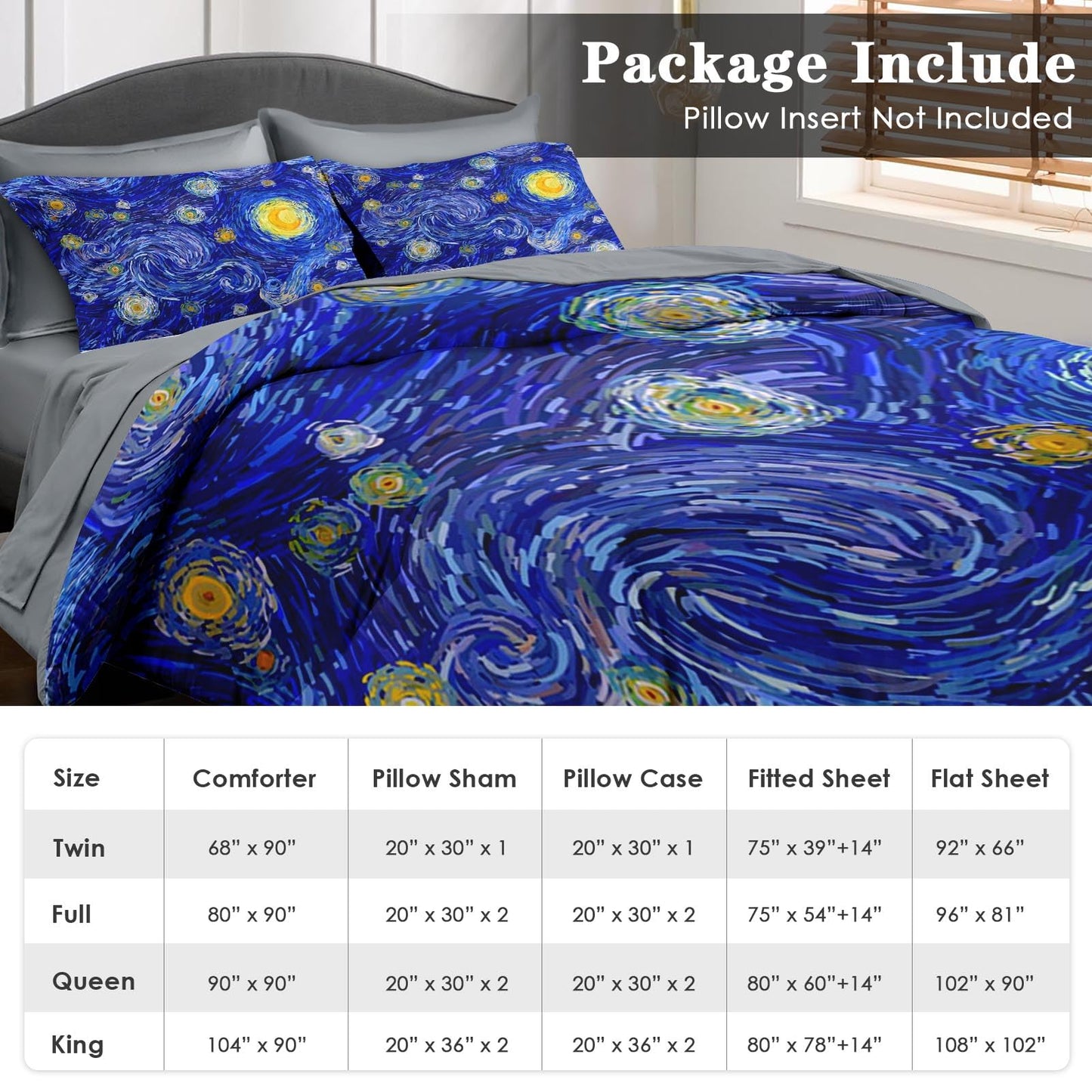 Pamnest Comforter Set Queen Size, Moon Starry Night 7 Pcs Bedding for Kids and Adults, Blue Modern Star Sky Art Bed Sheet Sets with Fitted Sheet 2 Pillowcase & 2 Sham for Bedroom Bed Decor