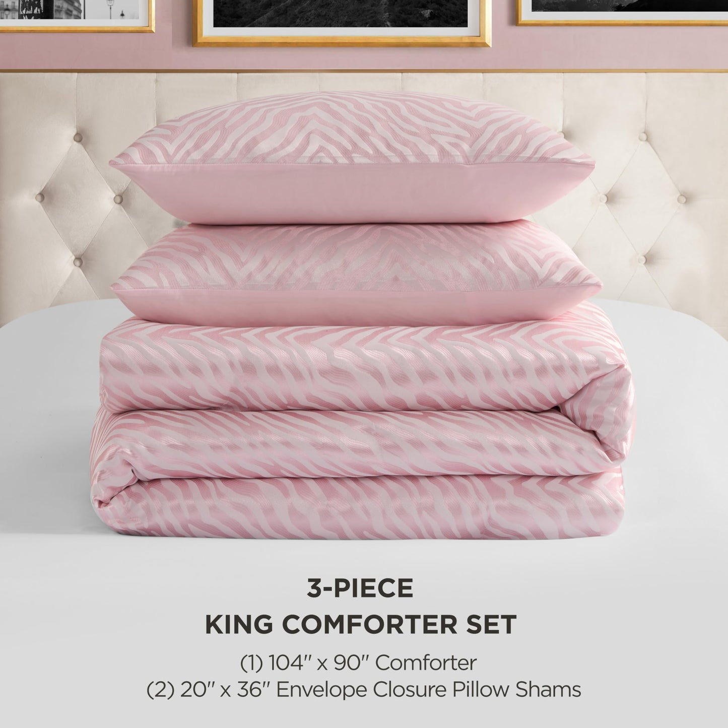 Juicy Couture Pink Marshmallow Sparkle Zebra Jacquard King Comforter Set - 3 Piece Stylish Bedding Ensemble