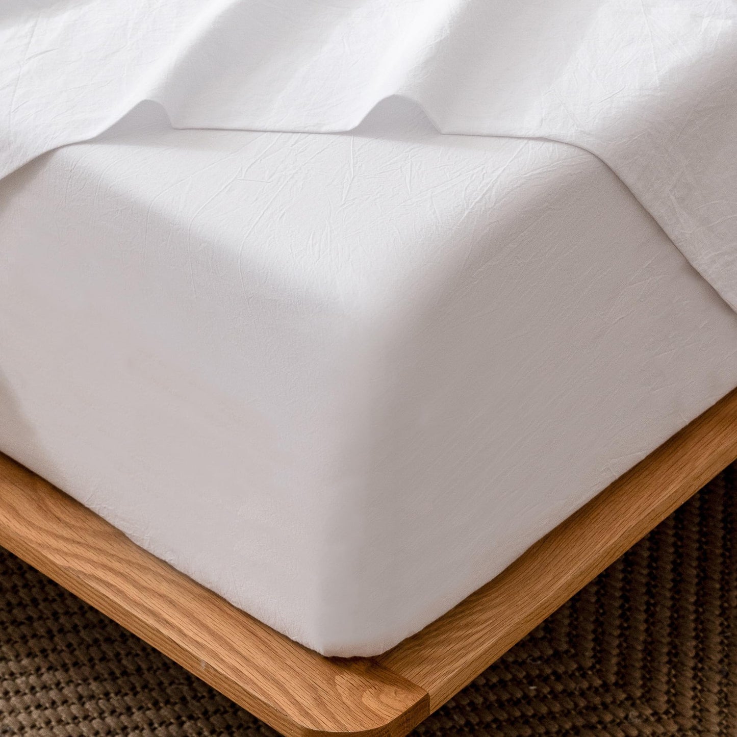 MooMee Fitted Bottom Sheet Only 100% Washed Cotton Linen Like Textured Breathable Durable Soft Comfy Deep Pocket Fits Mattress up to 17" (Bright White, Queen)