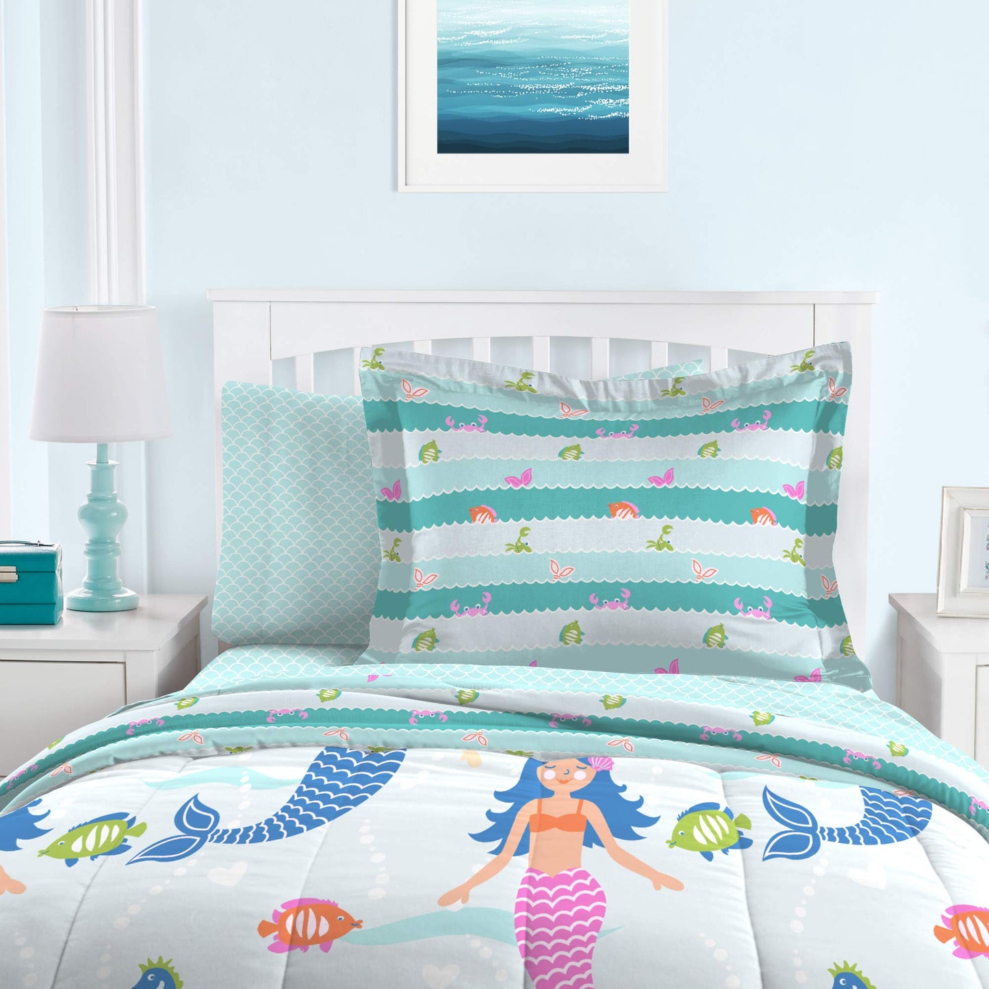 dream FACTORY Kids 5-Piece Complete Set Easy-Wash Super Soft Microfiber Comforter Bedding, Twin, Light Blue Mermaid Dreams