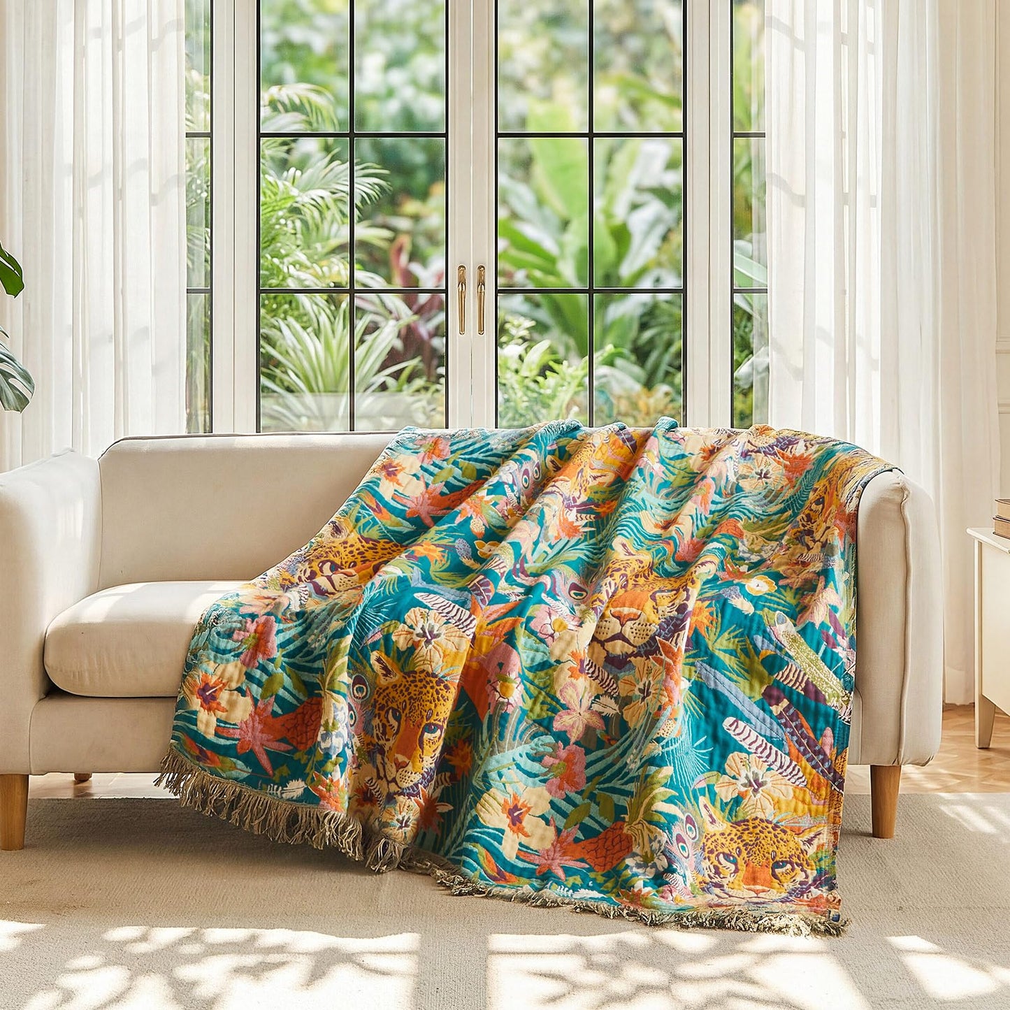 LUTBM Throw Blanket for Couch Sofa Soft Cotton Summer Blankets for Bedroom Living Room All Season Reversible Leopard Embroidery Reversible Breathable Throws Whimsical Home Decor 50"x60"