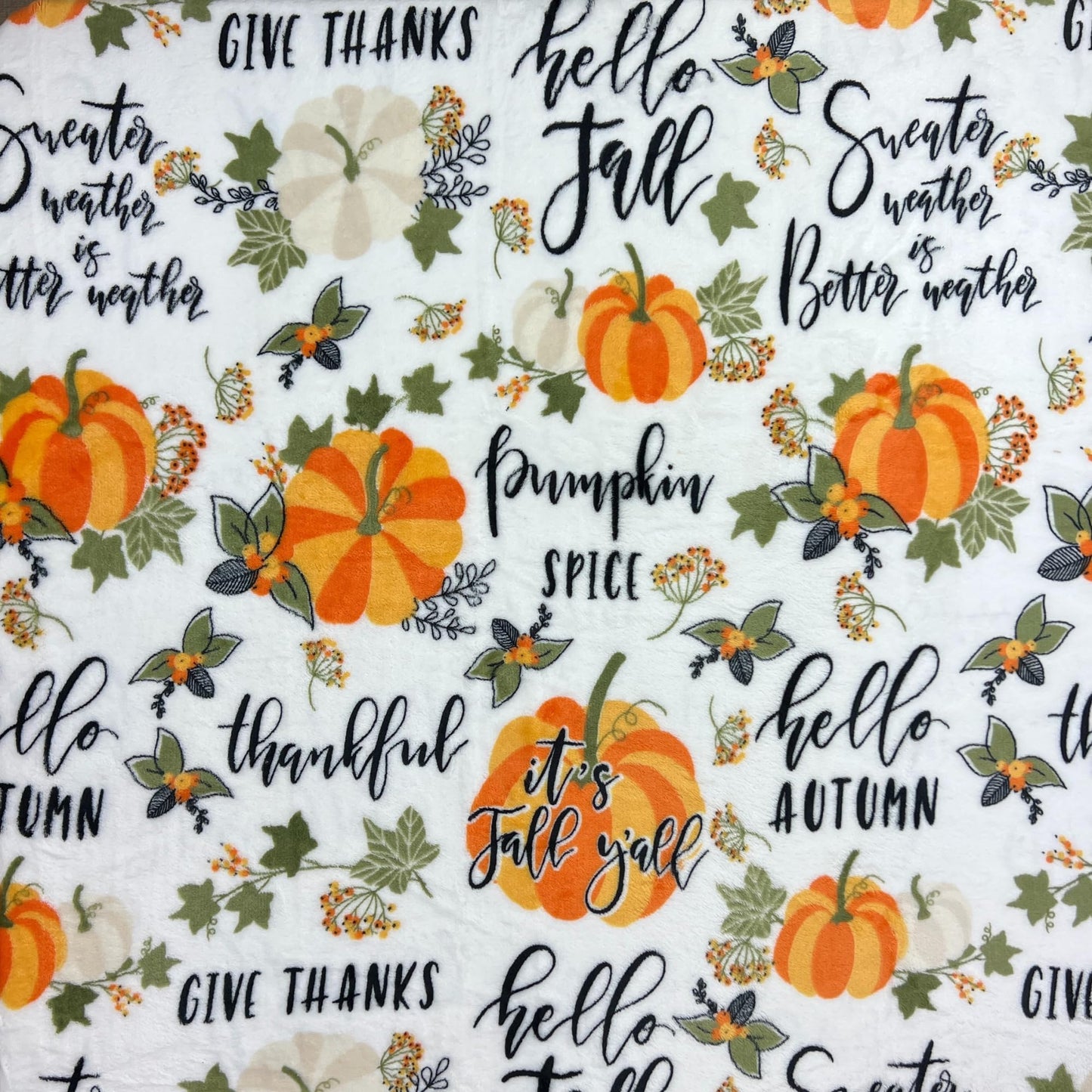 Fall Throw Blanket: Colorful Autumn Harvest Time Saying and Pumpkin Print on Soft White Velvet Fleece for Sofa Bed Couch Chair or Dorm