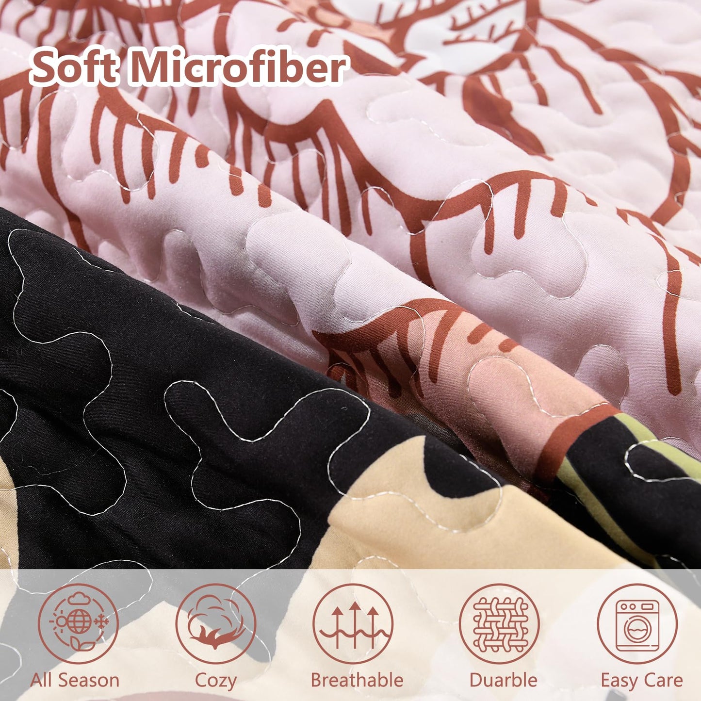 DJY Black Quilt Set Queen Size 3 Pieces Floral Boho Bedspread Coverlet Set, Soft Microfiber Black Pink Farmhouse Floral Quilted Bedding Set Reversible Bed Cover for All Season, 96''x90''