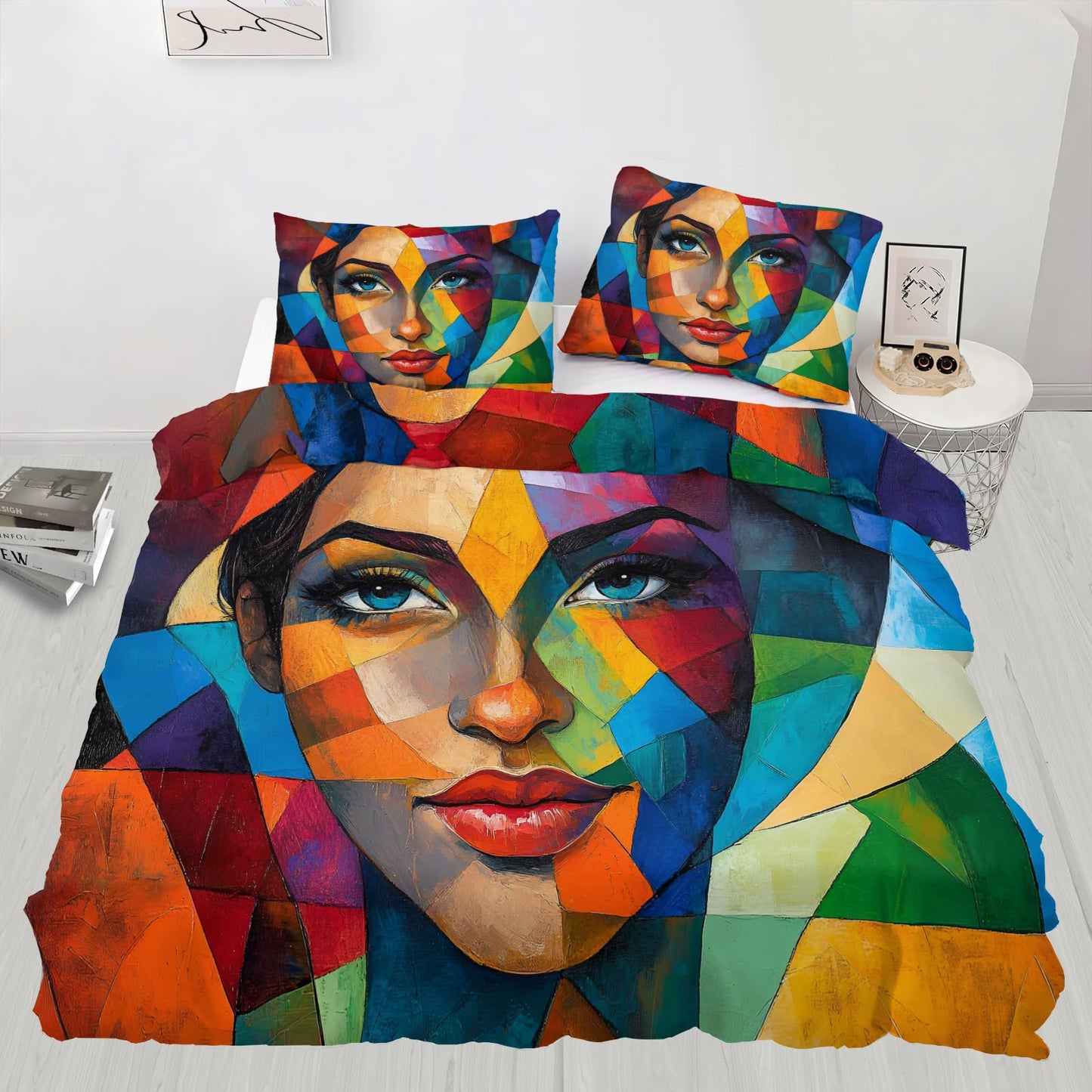 PAISUOQ Woman Duvet Cover Queen Size, Geometric Graffiti Bedding Sets, 3 Piece, Soft Microfiber Patterned Comforter Cover with Zipper Ties & 2 Pillowcase, Fashion Girl Bedroom Decor & Gifts