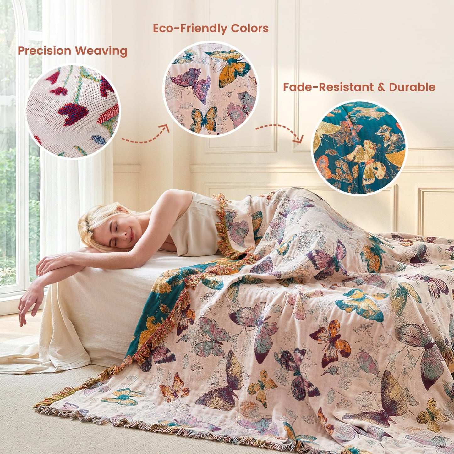 MSGKV Boho Throw Blanket for Bed Cotton Butterfly Twin Size Couch Blanket 60"x80" Muslin Summer Breathable All Seasons Lightweight Farmhouse Blankets