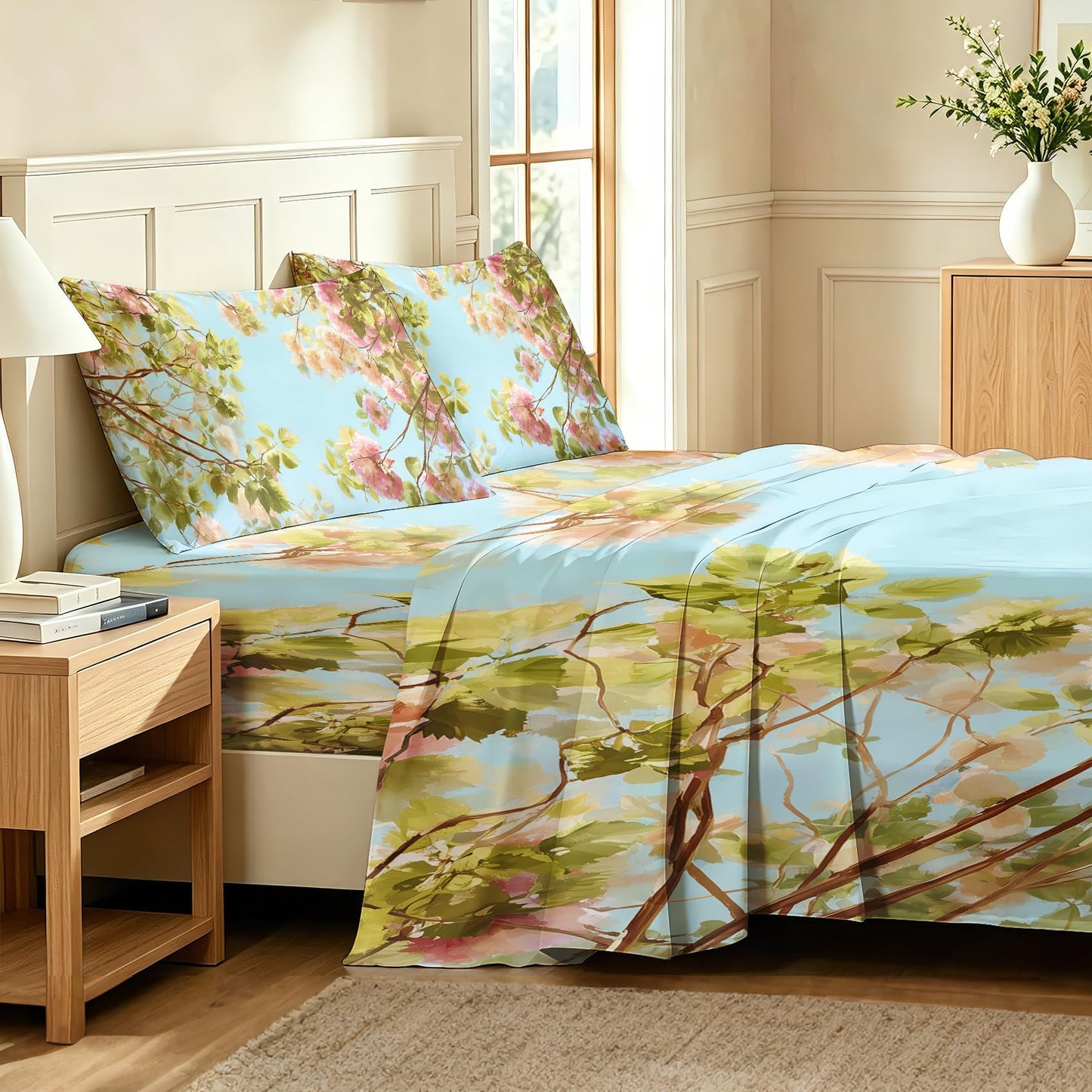Spring Flower Bedding Set 4 Pcs Blue Sky Floral California King Sheets