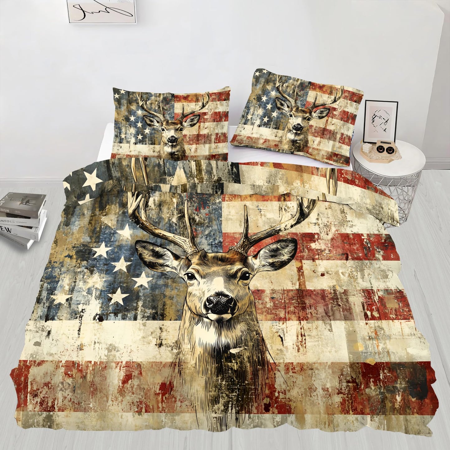 PAISUOQ Elk Duvet Cover Full, American Flag Bedding, Grunge Style Deer Comforter Cover with 2 Pillow Cases, 3 Pieces with Zipper & Ties, Bedroom Decor & Gifts