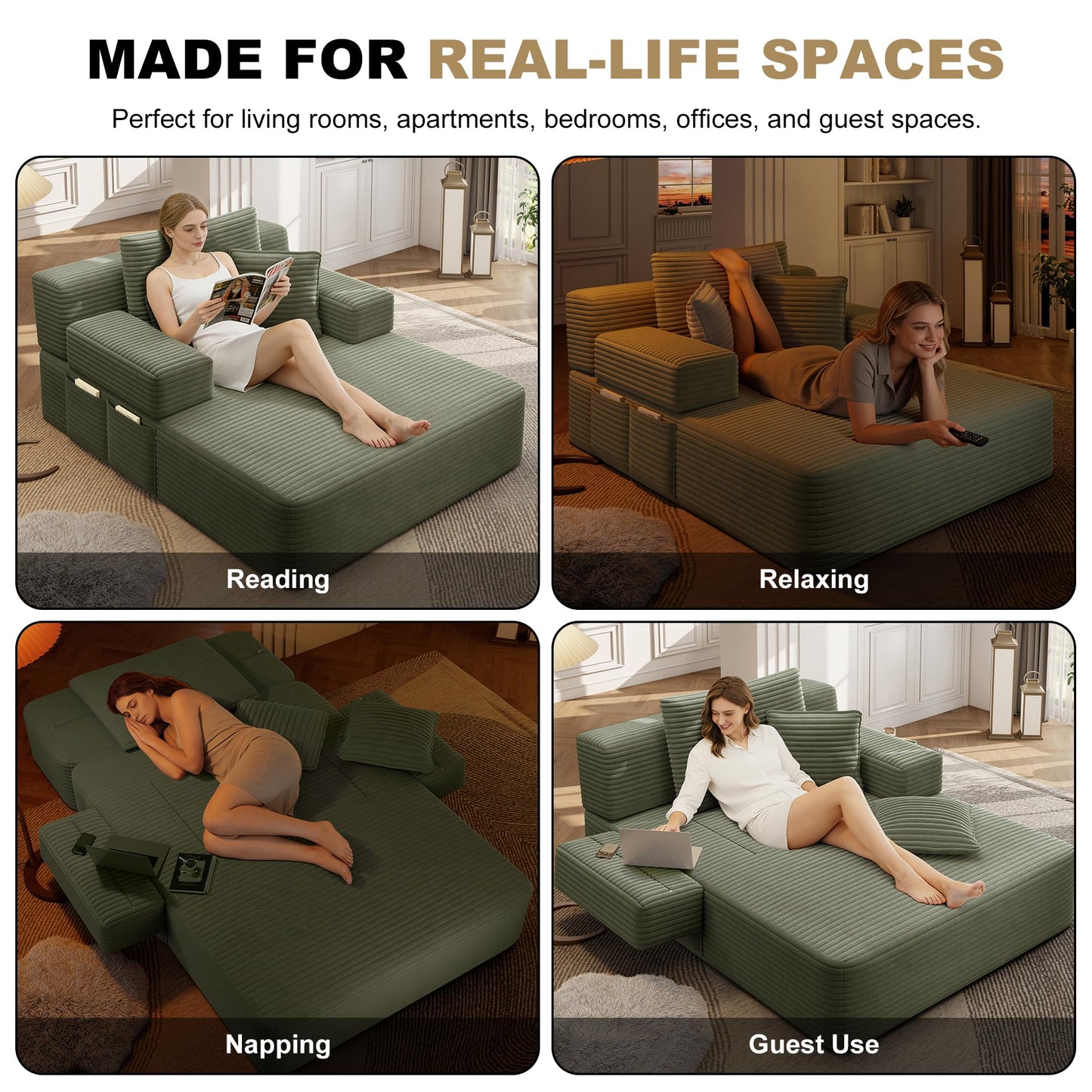 Haquiro 60.2" Oversized Chaise Lounge Chair, Boneless Corduroy Cloud Couch, Deep Seat Convertible Sofa Bed with 3 Pillows, Wide Armrests, Side Pocket, No Assembly (Green)