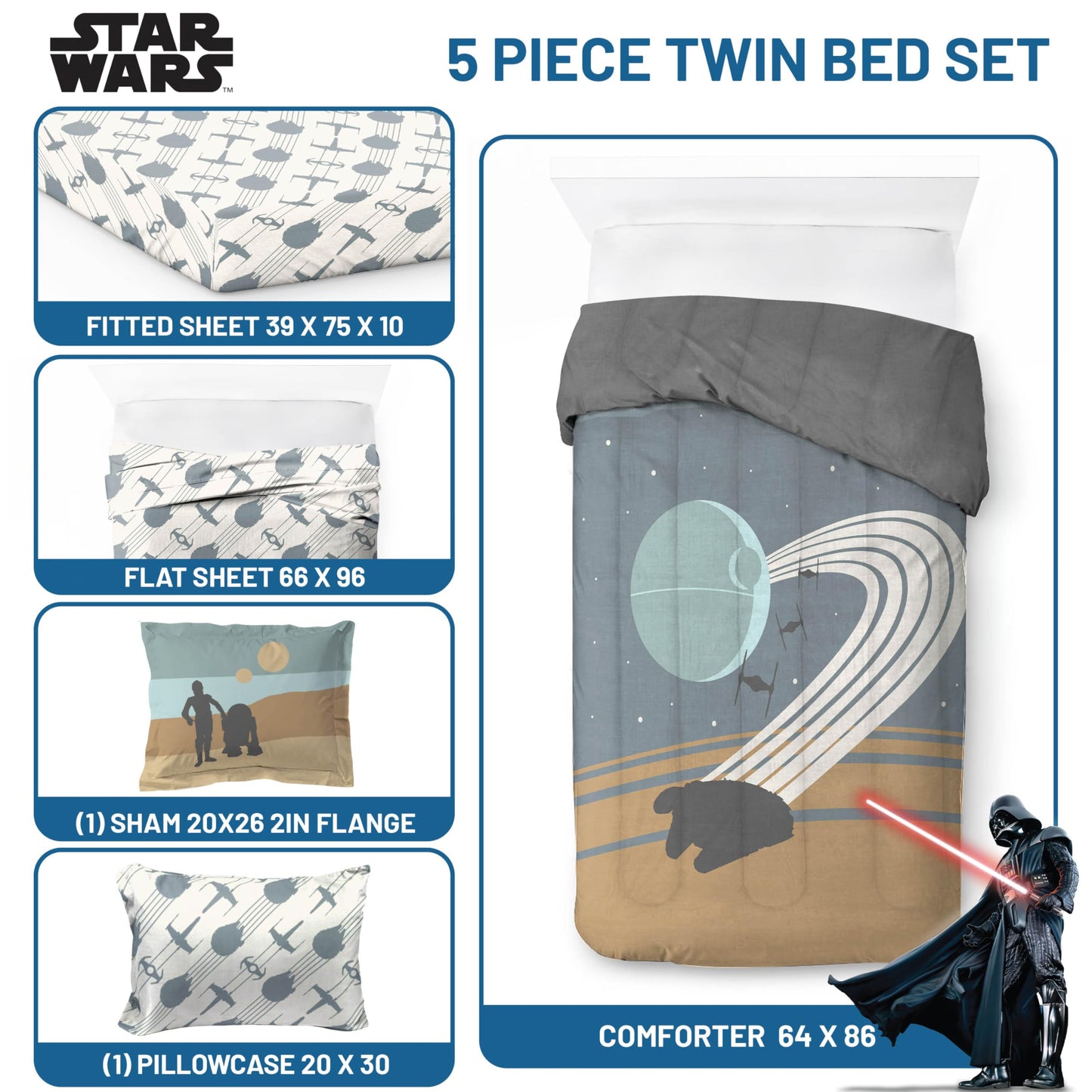 Jay Franco Star Wars Twin Size Comforter Set - 5 Piece Bedding Includes Sheet Set & Pillow Covers - Super Soft Cozy Bedding with Death Star and Millennium Falcon