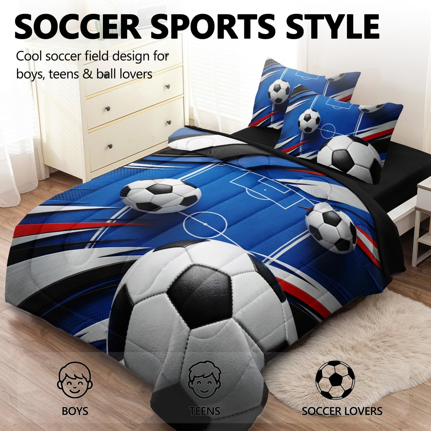HICAND 5 Pcs Soccer Full Bedding Set for Boys Teens, Full Size Sports Blue Soccer Field Boys Comforter Set with Sheets