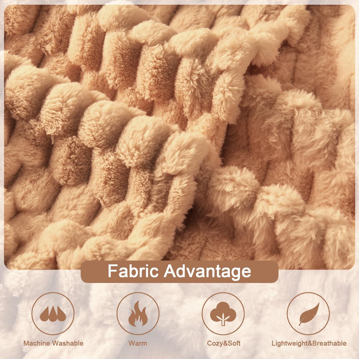PLEASANT BOULEVARD Fleece Throw Blanket for Couch with 3D Turtle Shell Jacquard Soft Blanket, Fuzzy Blanket for All Seasons 90x90 Inches, Camel