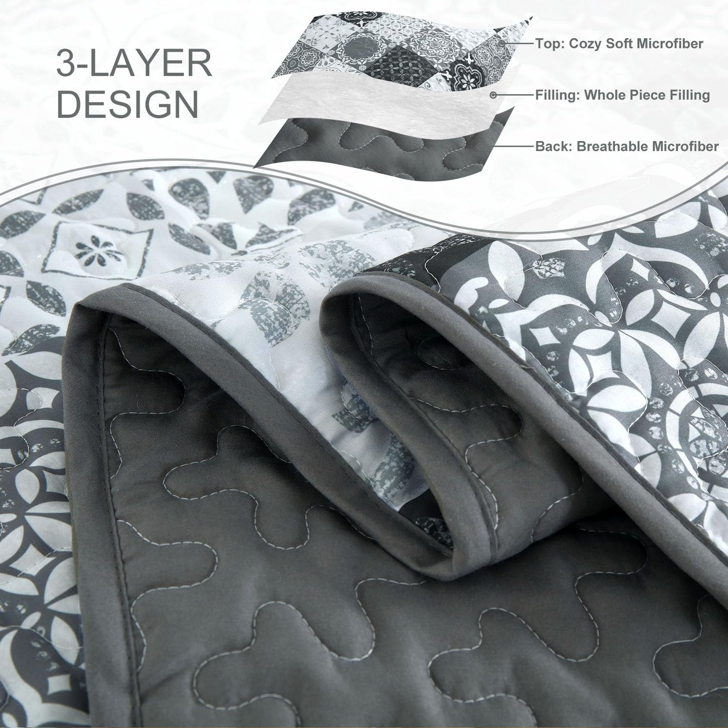 Dobuyly Grey Black Quilt Set Queen Size, Boho Plaid Patchwork Bedspreads Coverlet Set, 3 Pieces Soft Lightweight Microfiber Farmhouse Quilt Bedding Set for All Seasons 96"x90"