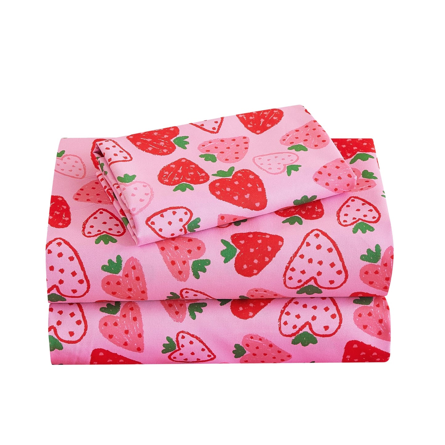 Softan Kids Bed Sheet Set, 3-Piece Twin Sheets Set, Microfiber Fitted Sheet with Corner Straps, Breathable & Silky Soft Pink Heart Strawberry Pattern Sheet and Pillowcase Sets