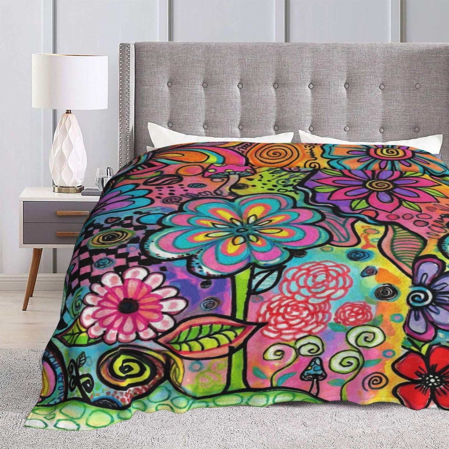 Gbuzozie Hippie Art Flowers Doodle Fleece Blanket Lightweight Ultra-Soft Throw Blanket for Sofa Couch Bed Camping Travel - Super Soft Cozy Microfiber Blanket 60"X50"
