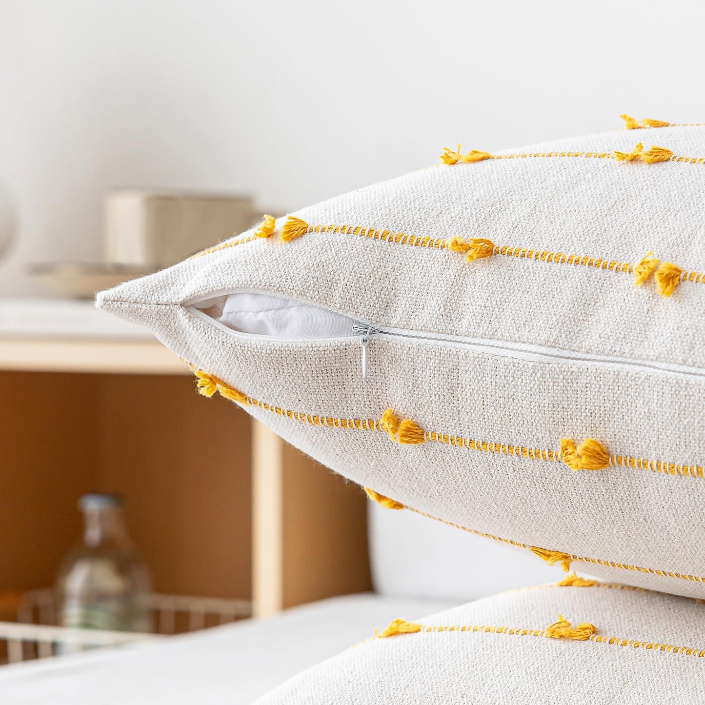 YEENAASY Boho Throw Pillow Covers 12x20 Set of 2 Modern Farmhouse Decorative Cushion Case Tufted Linen Square Pillows Cover Neutral Pillow Cases Accent Pillowcase for Sofa,Couch,Bed,Beige and Yellow