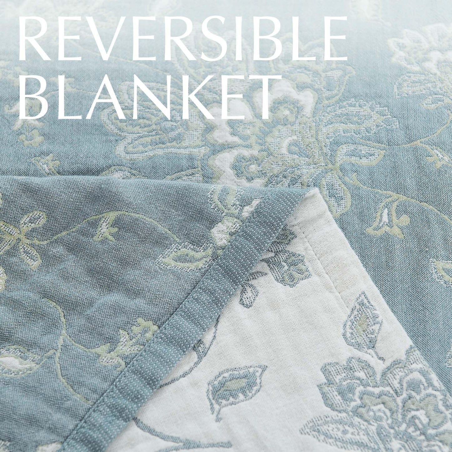 jinchan Boho 100% Cotton Muslin Twin Size 50x60 Inches Blanket Lightweight 4-Layer Quilted Soft Blue and White Floral Throw Blanket Green Accents Reversible Comfy Flower Breathable Summer Couch