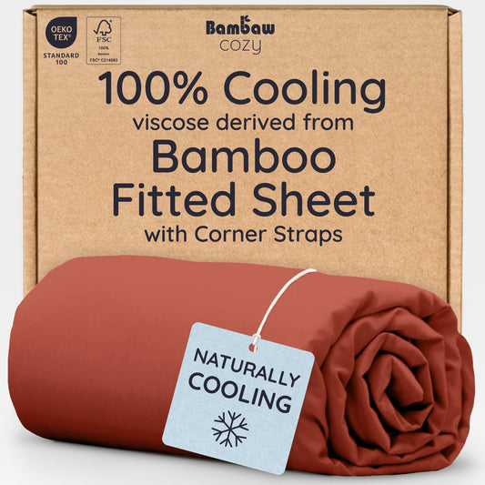 Bambaw 100% Viscose Derived from Bamboo Fitted Sheets King Size, Cooling Fitted Sheets King Size, 16’’ Deep Pocket, Breathable Bottom Sheet Only (Terracotta)