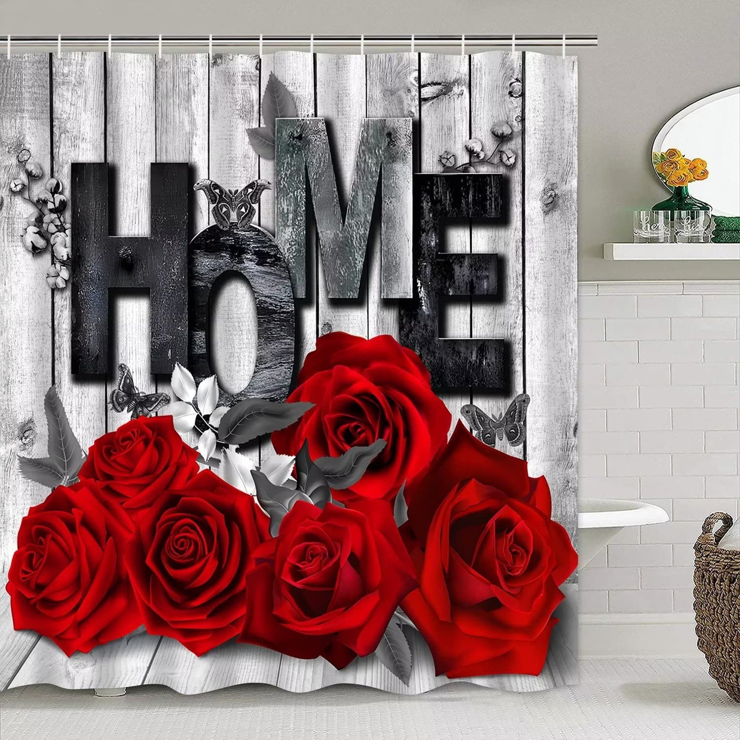 Yddsky Red Rose Valentines 4 Pcs Shower Curtain Sets Non-Slip Rugs Bath Mat Toilet Cover U Shaped Mat Romantic Red Bathroom Decor with 12 Hooks Valentines Day Bathroom Set