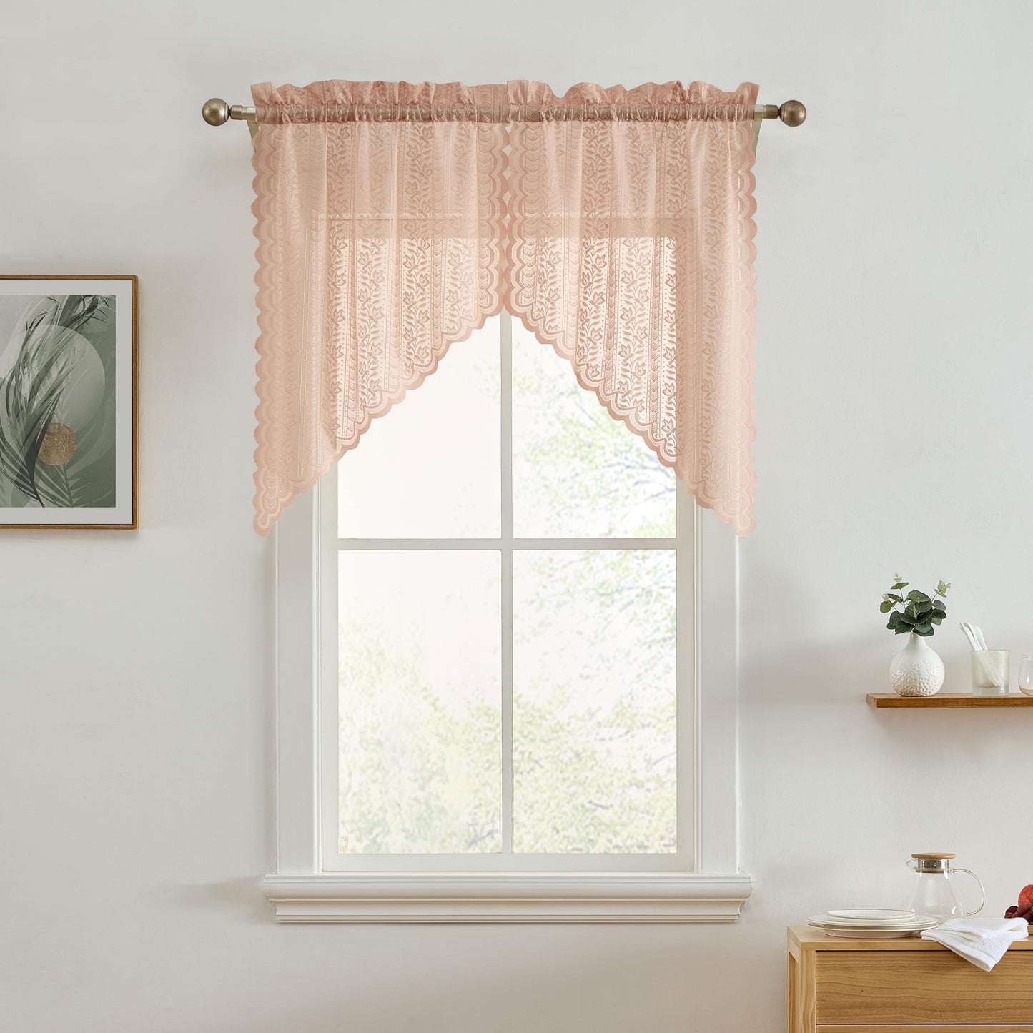 HLC.ME Sophia Floral Rod Pocket Lace Short Cafe Swags for Small Windows - 28 x 36 Inch Length (Blush Pink Swags, Set of 2)