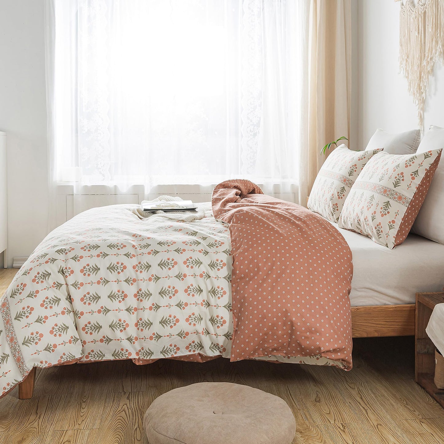 HoneiLife King Duvet Cover Set - 100% Cotton Comforter Cover Floral Duvet Cover Sets,Soft & Breathable Duvet Cover with Zipper Closure and Corner Ties,3pcs Wildflower Comforter Cover Sets-Sweet Grass