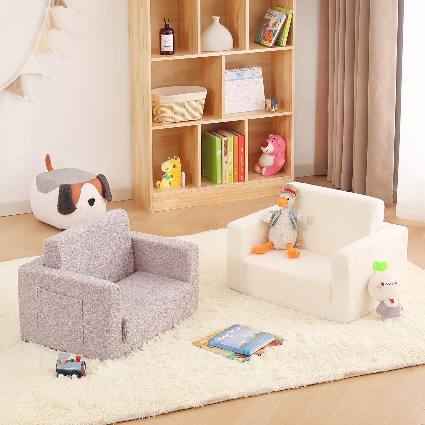 Givjoy Toddler Chair Sherpa Kids Couch, 2-in-1 Soft Kids Armchair Lounger for Bedroom, Convertible Sofa for Girls and Boys, Child Reading Chair for Playroom, Living Room, Pet, Beige