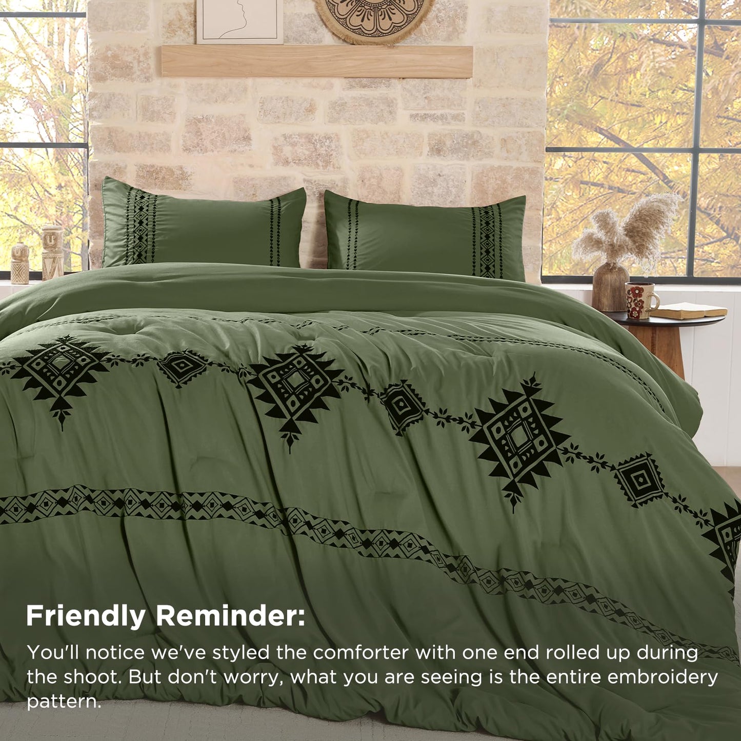 Baskbed Embroidered Boho Comforter Set Queen Size, 3-Piece Western Shabby Chic Bedding Set - Fluffy Ultra Soft Microfiber with Intricate Design, Includes 1 Green Comforter(88"x88") & 2 Pillowcases