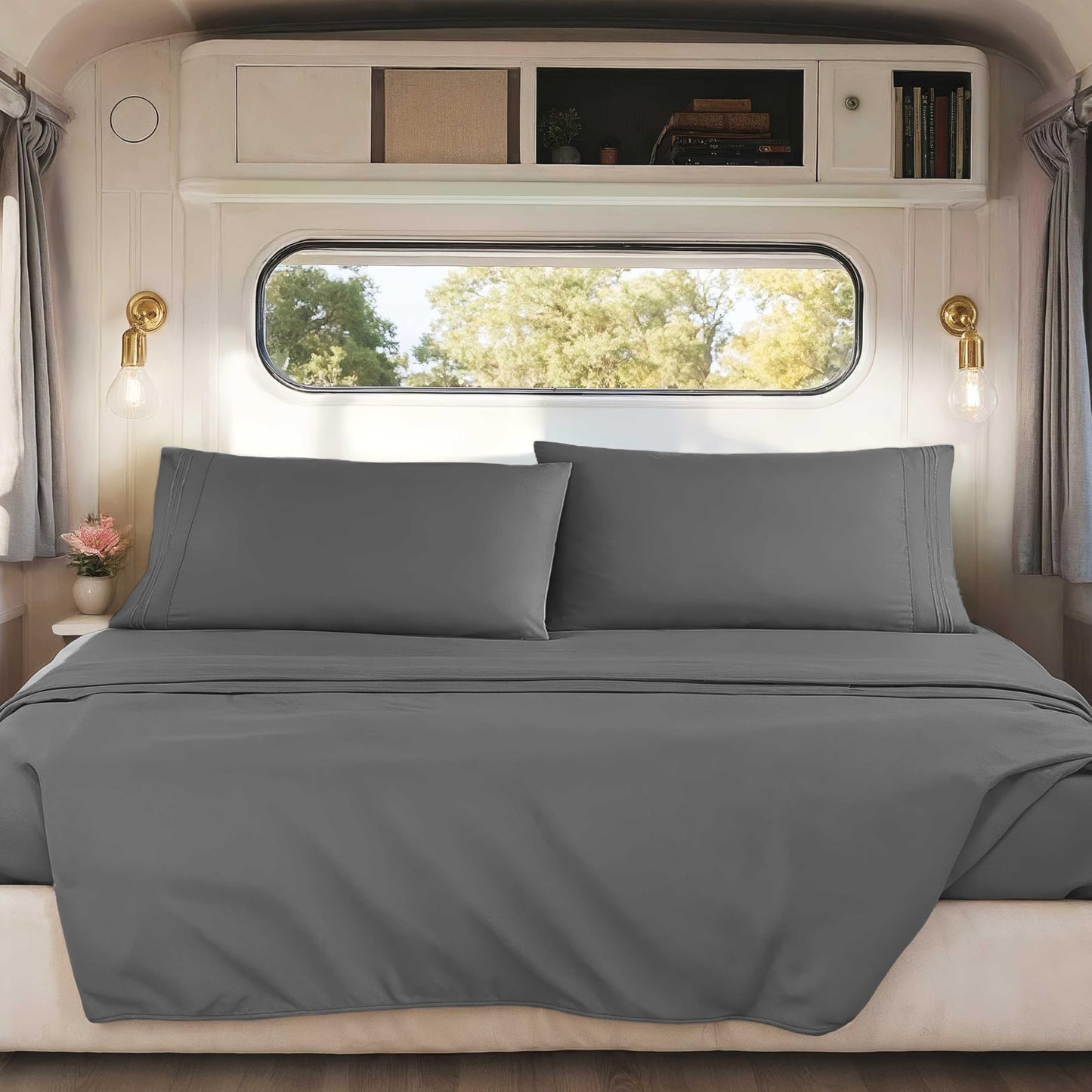 Hearth & Harbor Short Queen Sheets for RV, Dark Grey RV Queen Sheets, Silky Soft 1800 Microfiber Bed Sheet for Camper, 4 Piece RV Bedding with Pillowcases